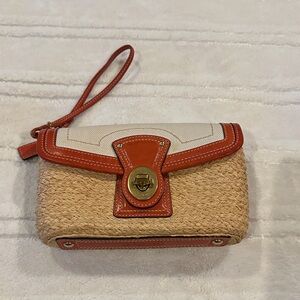 EUC Coach wristlet in raffia and orange leather and tan canvas